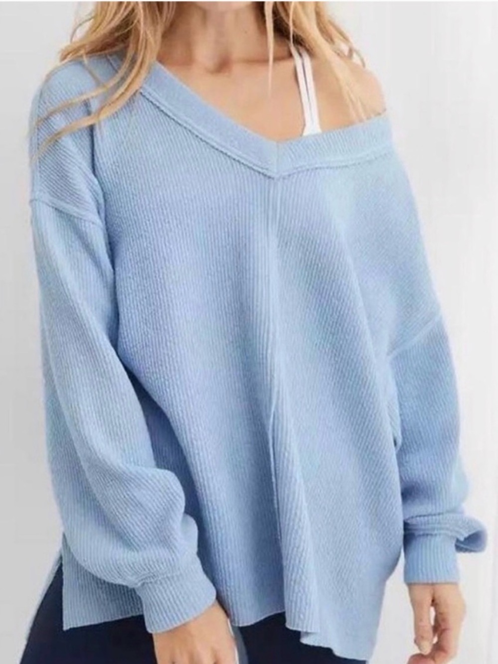 aerie Pale Blue Off-the-Shoulder V-Neck Sweater
